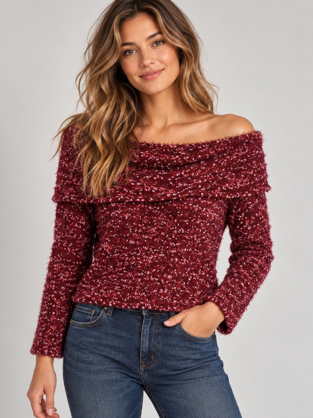 Burgundy Pink Eyelash Knit Off Shoulder Cropped Sweater